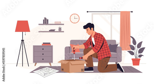 Man Assembling Furniture At Home Doing Handyman Repair Using Screwdriver