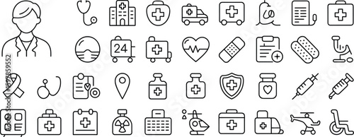 Comprehensive Set of Medical and Healthcare Line Icons with Blue Accents, Featuring Doctor, Hospital, Ambulance, Pharmacy, and Health-Related Symbols.