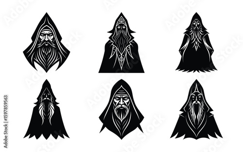 Vector art of six portraits of wizards in hooded robes, black and white
