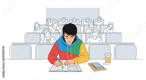 Attentive University Student Concentrating On Lecture In Auditorium Classroom