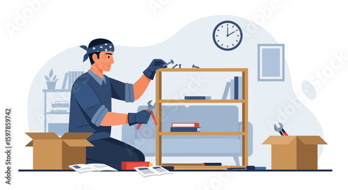 Man Assembling Wooden Bookshelf Furniture at Home Improvement Project