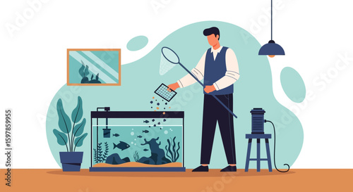 Man Caring For Fish In Aquarium At Home During Leisure Time Hobby