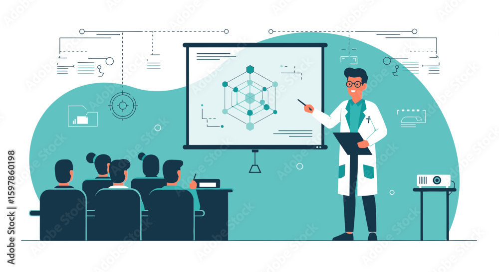 Doctor Presenting Complex Molecular Structure to an Audience in Auditorium Doctor Presenting Complex Molecular Structure to an Audience in Auditorium