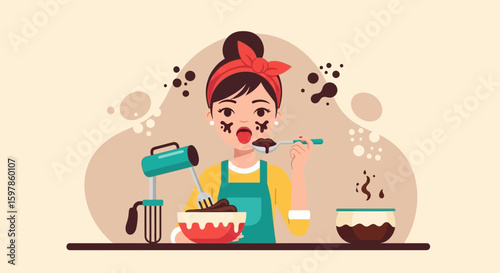 Baker's Delight A Cartoon Illustration Of A Young Woman Baking Tasty Chocolate Dessert