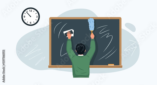 Back To School Teacher Cleaning Blackboard Preparing For Students Lesson