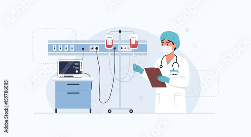 Doctor Monitoring Patient Intravenous Drip In Hospital Room With Medical Equipment