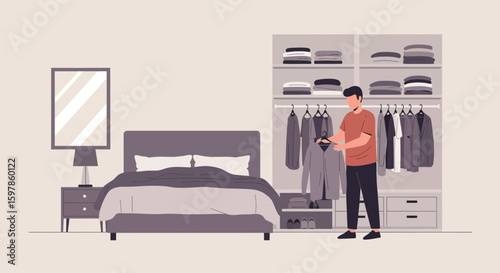 Man Choosing Outfit In Modern Bedroom By Open Wardrobe Full Of Clothes