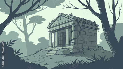 Ancient tomb in forest vector illustration, stone mausoleum with pillars and nature landscape art design