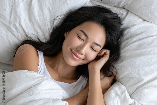 A beautiful woman sleeping in bed, top view, with a beautiful face and body shape.