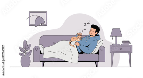 Man Comfortably Napping On Couch With Cat Resting Peacefully On His Chest