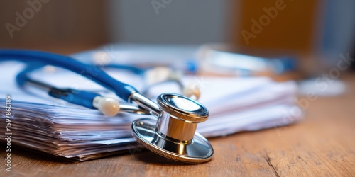 The stethoscope resting on a pile of medical documents in a doctor's office.