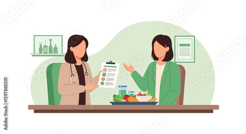 Doctor Recommending Healthy Diet To Patient In Consultation Office Visit Scene