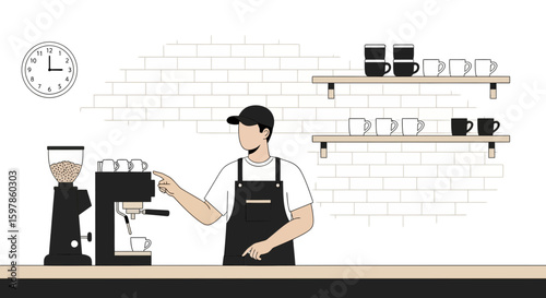 Barista Preparing Coffee At Cafe Using Machine In Modern Coffee Shop Setting