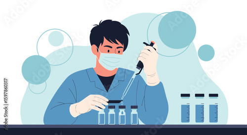 Man Conducts Medical Research Working In Laboratory With Pipette And Samples