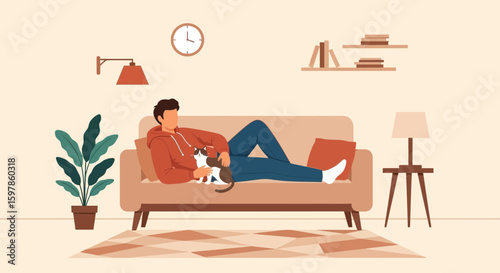 Cozy Afternoon A Man Relaxing With His Cat On The Sofa Indoors Scene