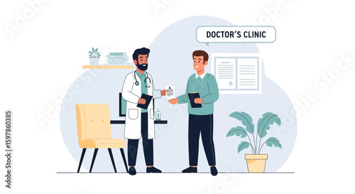 Bearded Doctor Handing Prescription To Male Patient At Medical Office