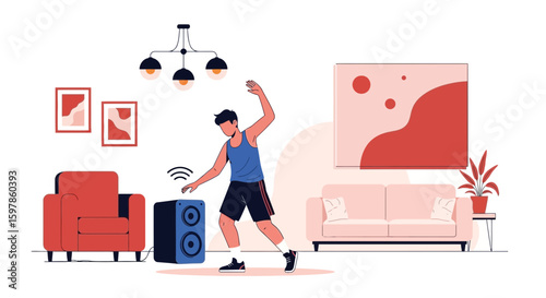 Man Controlling Music With Touchless Gesture In His Living Room And Dancing