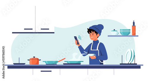 Man Cooking While Following A Recipe On His Phone In The Kitchen