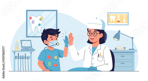 Friendly Dentist Giving High Five To A Young Patient Wearing A Mask