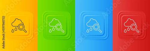White Cloud with rain icon isolated on colorful background. Rain cloud precipitation with rain drops. Set icons in square buttons. Vector