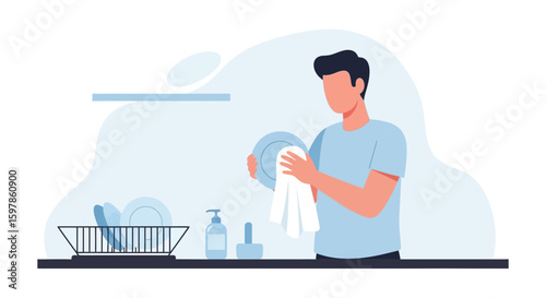 Man Doing Dishes In The Kitchen After A Delicious Meal At Home