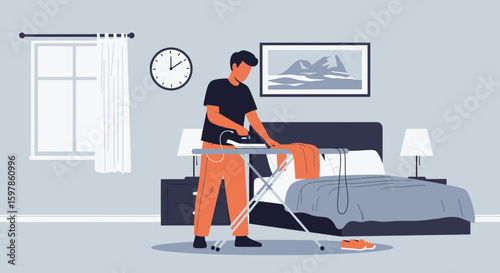 Man Doing Ironing At Home In Bedroom With Mountain Landscape Painting