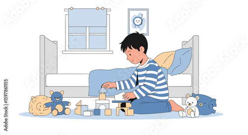 Boy Building Blocks With Toys At Home In A Bright Room With Natural Light