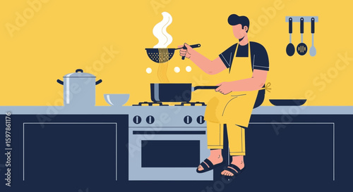 Man Draining Pasta In Modern Kitchen Scene Preparing Food At Home
