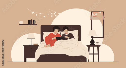 Cozy Evening At Home Two Men Enjoying Digital Tablet In Bed Together