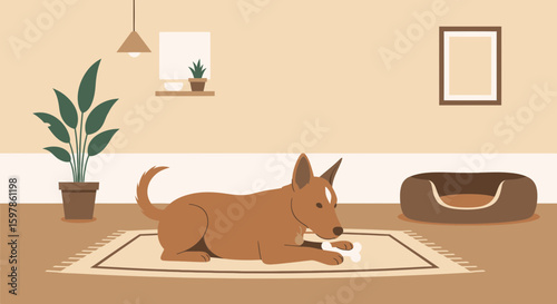 Dog Enjoying Bone Indoors In A Stylish Minimalist Living Room Illustration