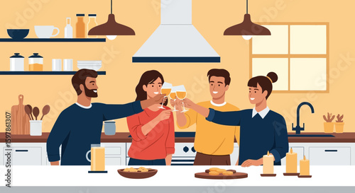 Friends Toasting Drinks During A Casual Gathering In A Cozy Kitchen Interior