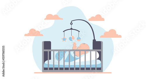 Dreamy Crib Scene Featuring Happy Baby Sleeping Peacefully Underneath Mobile