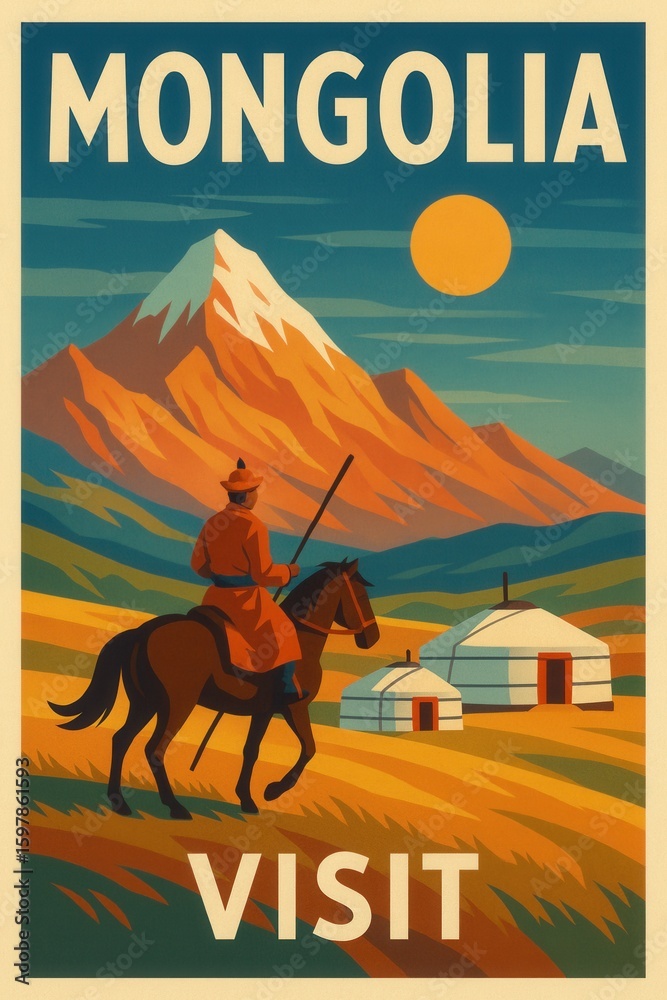 Obraz premium A traditional Mongolian horse rider crosses golden fields under a sunlit sky with snowy mountains and yurts in the backdrop, showcasing the culture of Mongolia