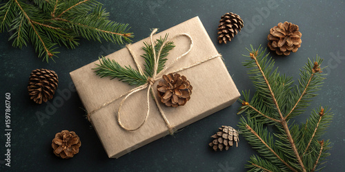 New Year  Flatlay: Kraft Gift Box with Evergreen Branches and Pine Cones on Dark Background