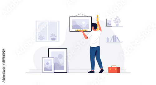 Man Hanging Picture Using Level For Home Decor Art Placement Project