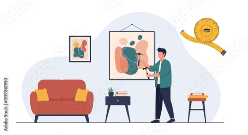 Man Hanging Modern Art At Home Improving Interior Decor Design Concept