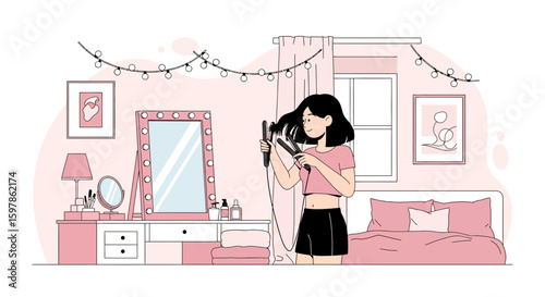 Girl Doing Hair In A Pink Bedroom Interior Illustration With Vanity Mirror