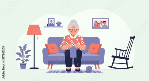 Cozy Knitter Grandmother Relaxing On Sofa Knitting Enjoying Retirement Hobby