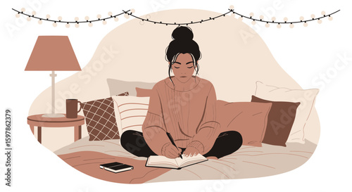 Girl In Cozy Room Sitting On Bed Writing In A Journal At Home