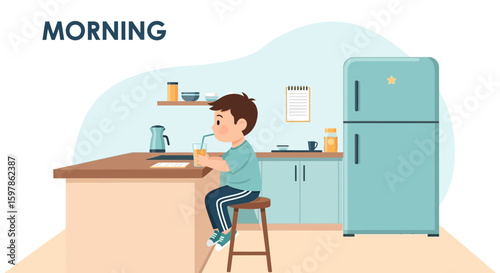 Boy Enjoying Fresh Orange Juice On Morning In A Bright Kitchen Scene