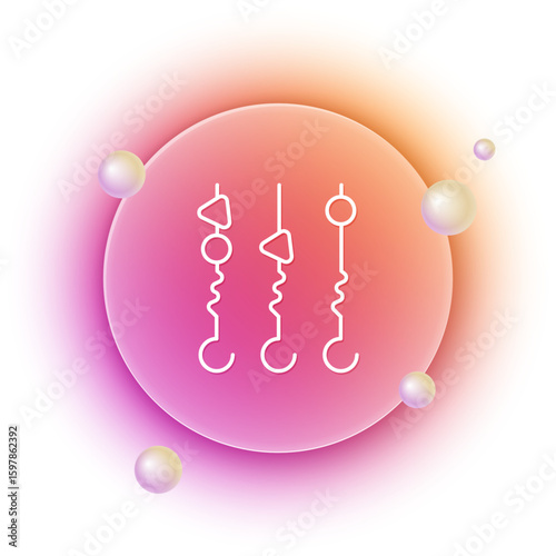 White Grilled shish kebab on skewer stick icon isolated on white background. Meat kebab on skewer stick. Picnic with grilled meat. Orange and pink gradient circle background. Vector