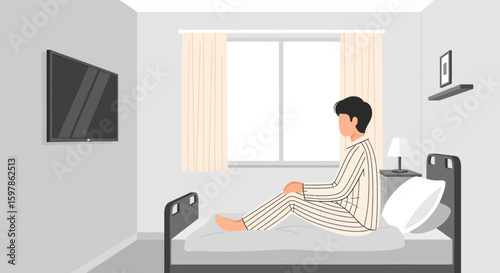 Man In Pajamas Sitting On Bed In Minimalist Room Looking Through Window