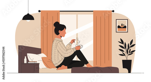 Cozy Morning Rituals Young Woman Relaxes At Home With A Hot Drink