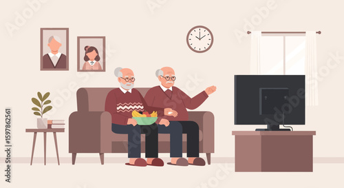 Elderly Men Enjoying Television And Fruit At Home Relaxing During Leisure Time
