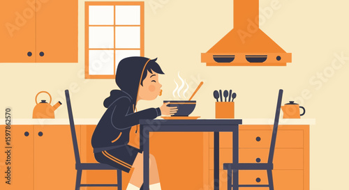 Boy Enjoys Hot Soup In Minimalist Kitchen Interior During Winter Season