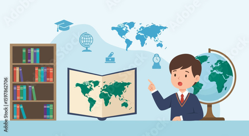 Boy Explaining World Geography with Globe Map Book Classroom Presentation