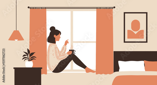 Cozy Morning Routine Woman Enjoying Coffee by the Window at Home