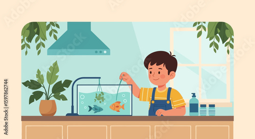 Boy Feeds His Fish In A Tranquil Indoor Setting With Plants And Sunlight
