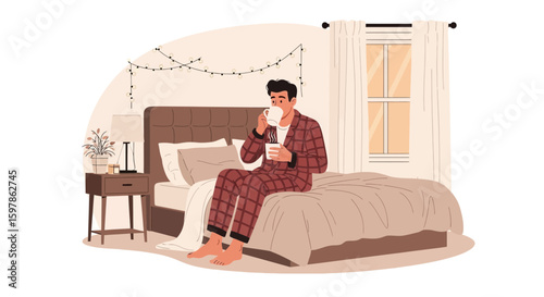 Cozy Morning Routine Man Enjoying Coffee In Bed Relaxing On Weekend