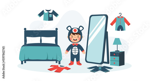 Boy Getting Ready In His Bedroom Wearing A Cartoon Character Costume